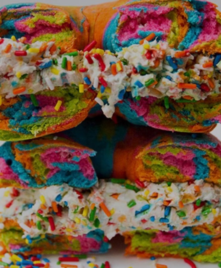 Rainbow bagel Kragel stuffed with sprinkle kream cheese, made at Sea Bright Bagels